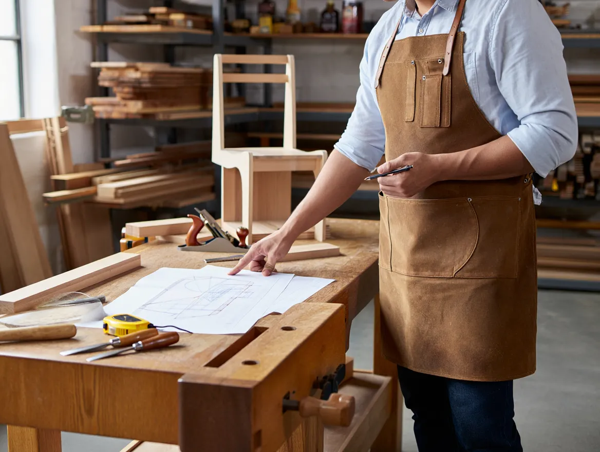 Craftsman designing custom furniture at workbench